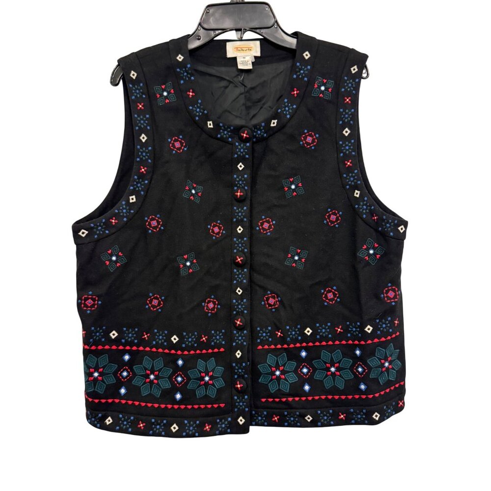 Talbots Embroidered Black Button-Up Vest Wool Blend Womens Size M